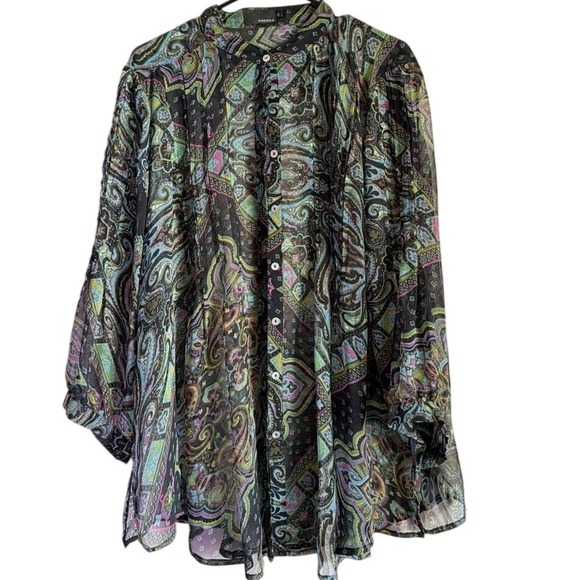 ANDREA FENZI Tops - Andrea Black Multi Color Paisley Sheer Button Down Blouse Top Size 48 Floral